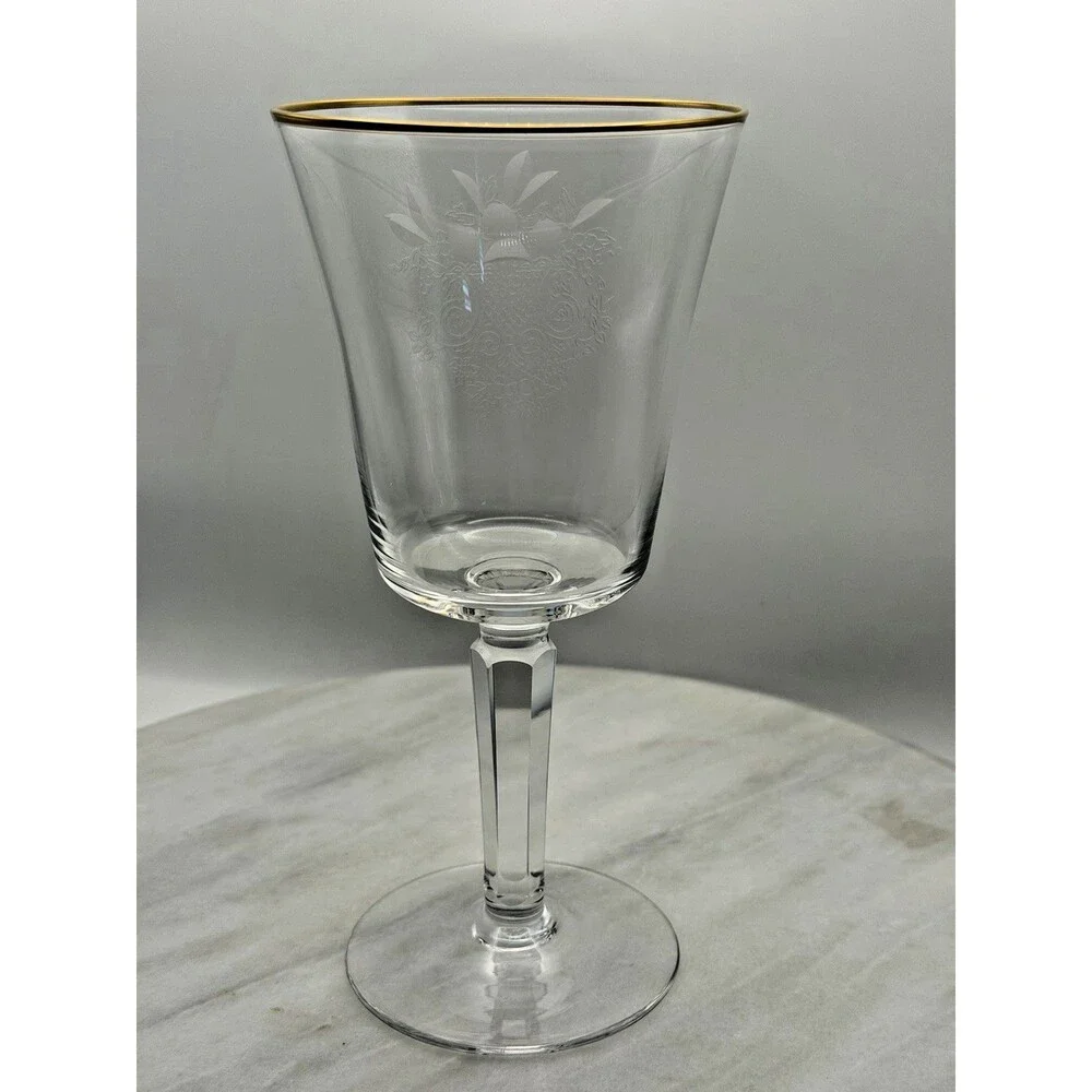 Vintage Lenox Fontaine Wine Glass Gold Rim Etched Crystal USA 1976-1986 6.75